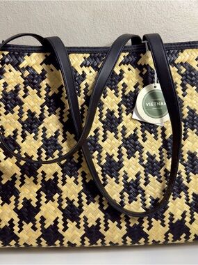 Handwoven Straw Tote in Natural & Black with Black Straps